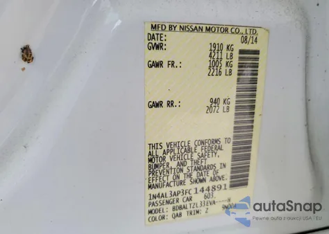 2015 Nissan Altima 2.5 z USA, uszkodzony, nr VIN 1N4AL3AP3FC144891